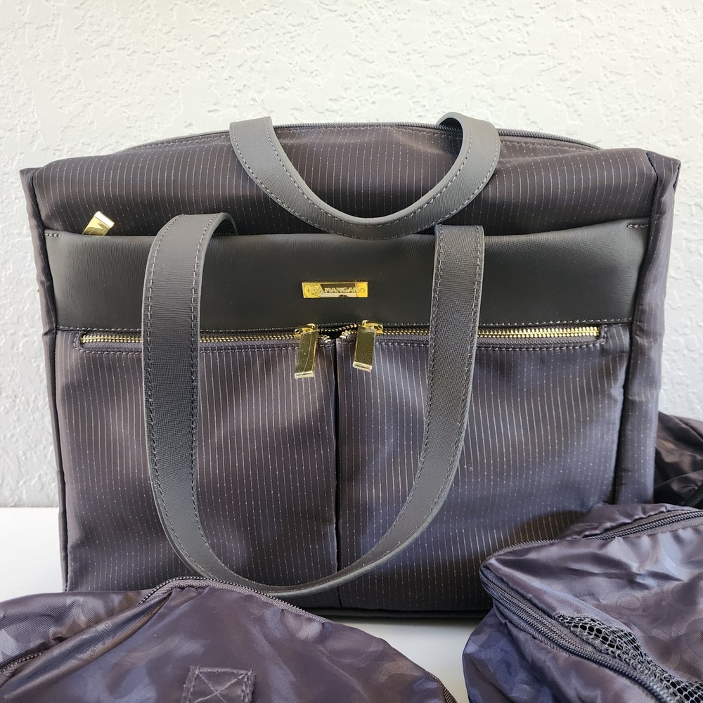 Joy Mangano 7 Piece Travel Tote and Packing Cube Set Pinstripe Navy